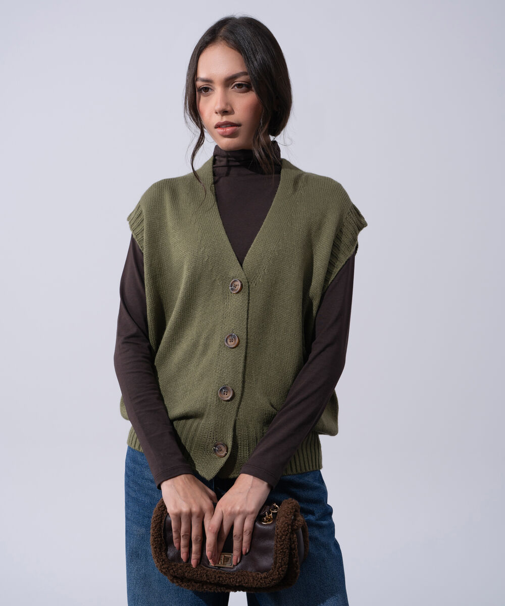 Women's Western Wear Olive Green Acrylic V-Neck Sweater Vest