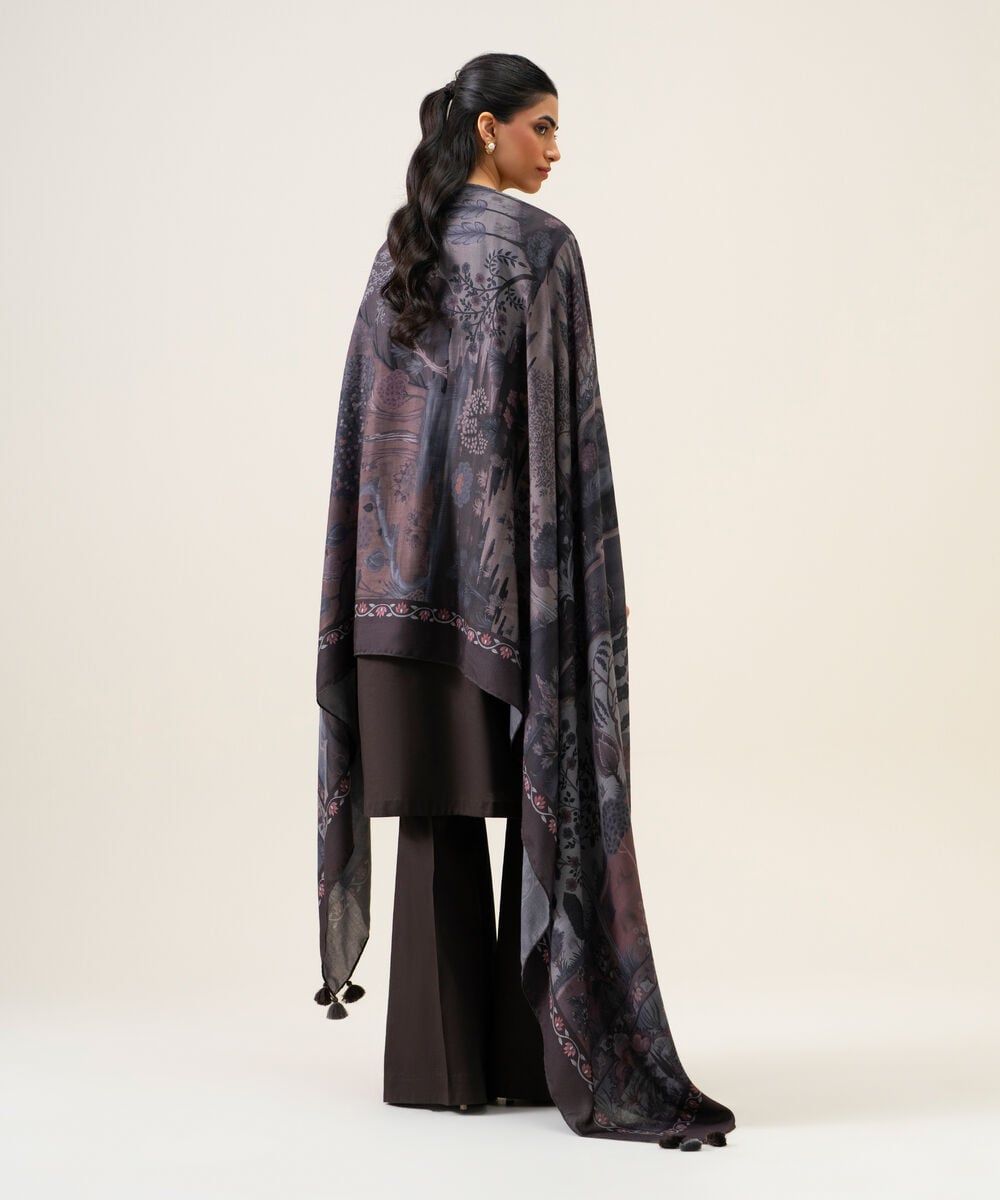 Women's Unstitched Cotton Twill Embroidered Dark Brown 3 Piece Suit