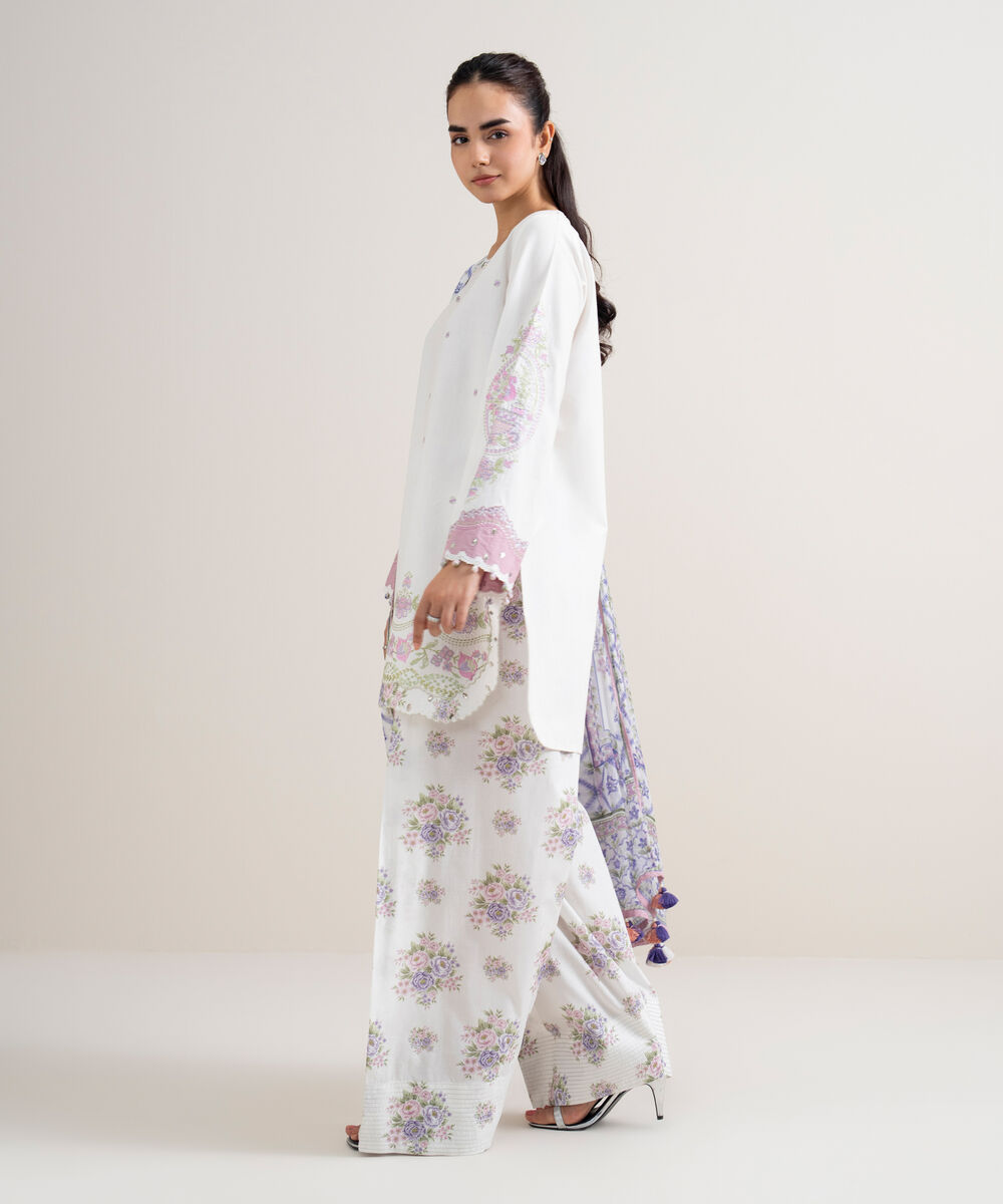 Women's Unstitched Fine Cotton Satin Embroidered Off White