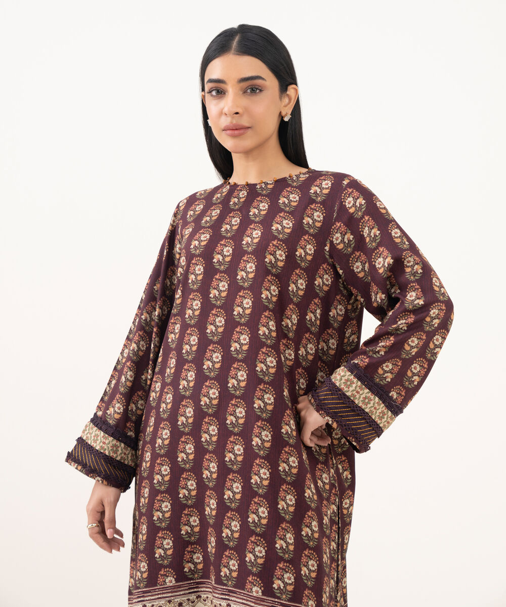 Women's RTW Linen Viscose Printed Brown Straight Shirt