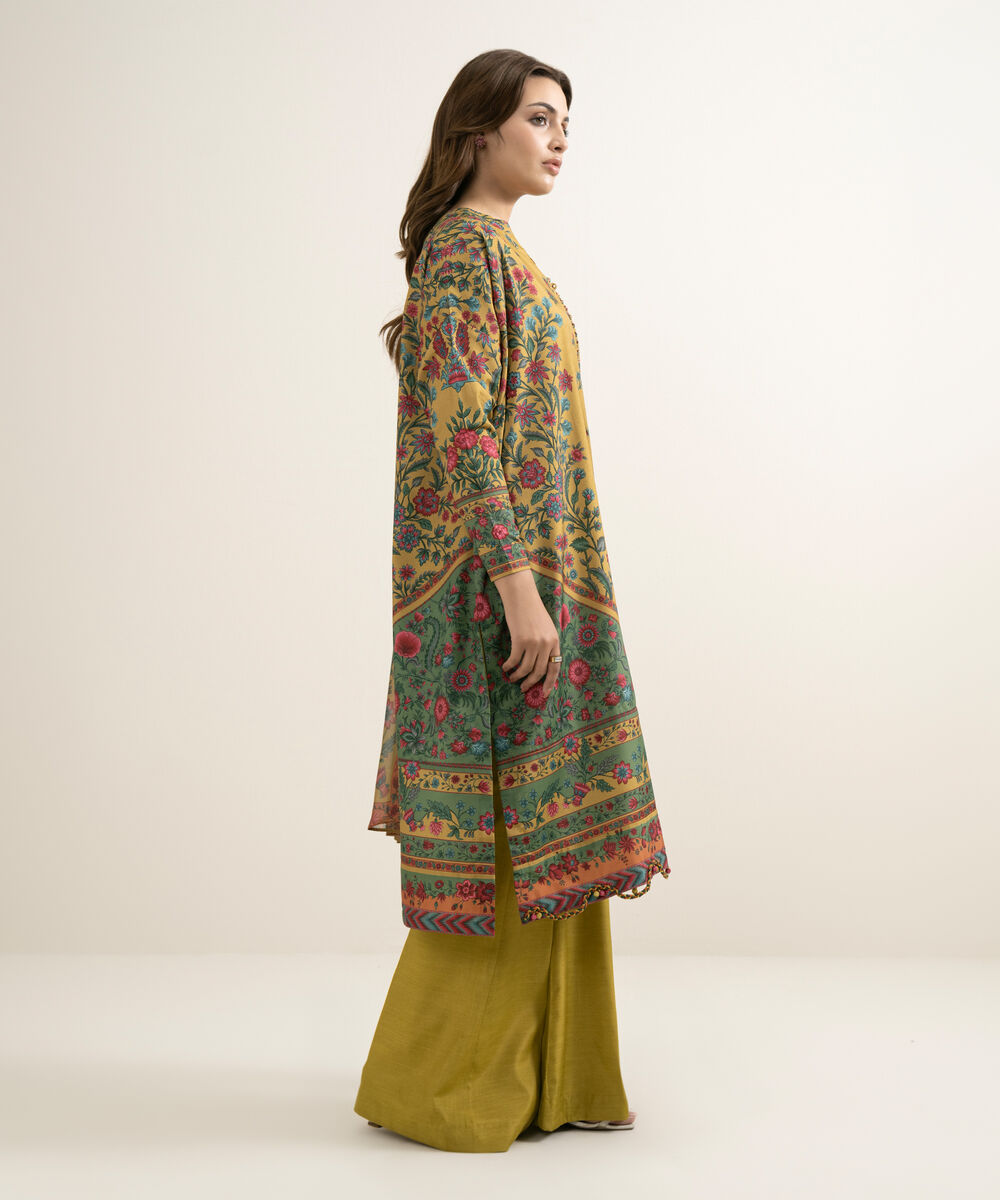 Women's Unstitched Blended Grip Silk Embroidered Yellow 3 Piece Suit