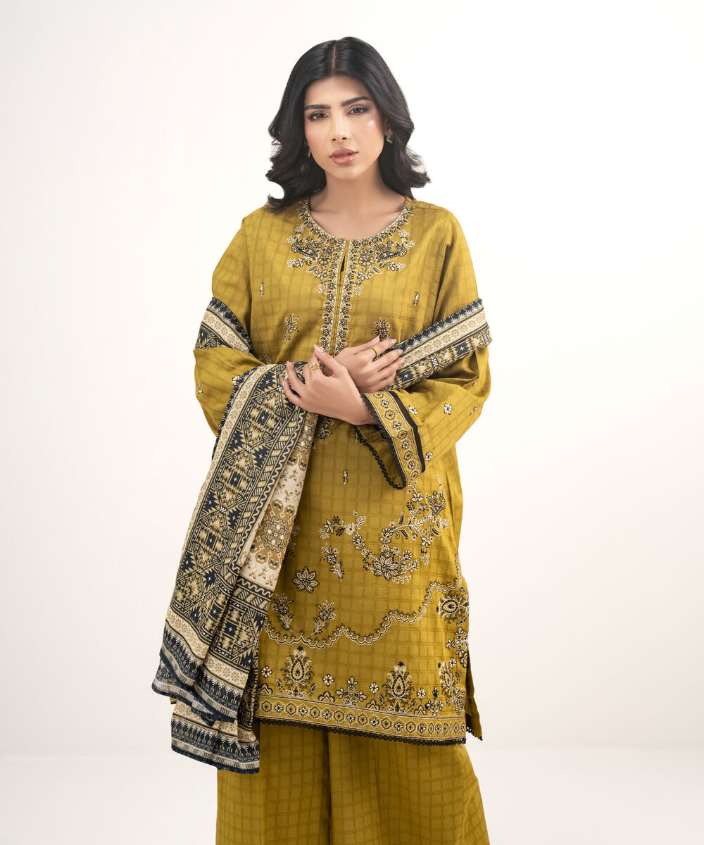Women's RTW Dobby Embroidered Yellow 3 Piece Suit