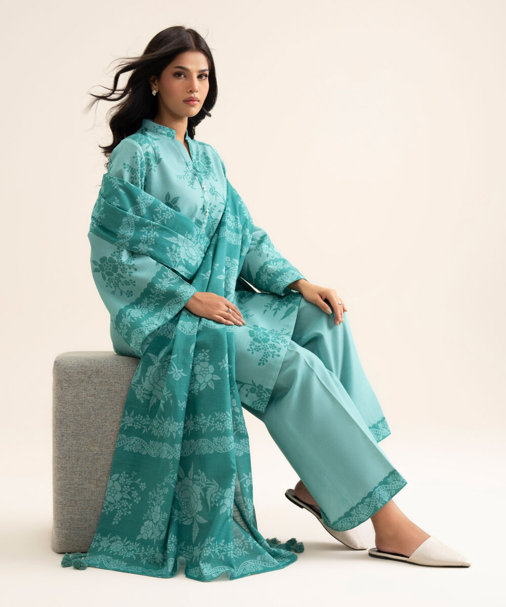 Women's Unstitched Light Khaddar Printed Blue 3 Piece Suit