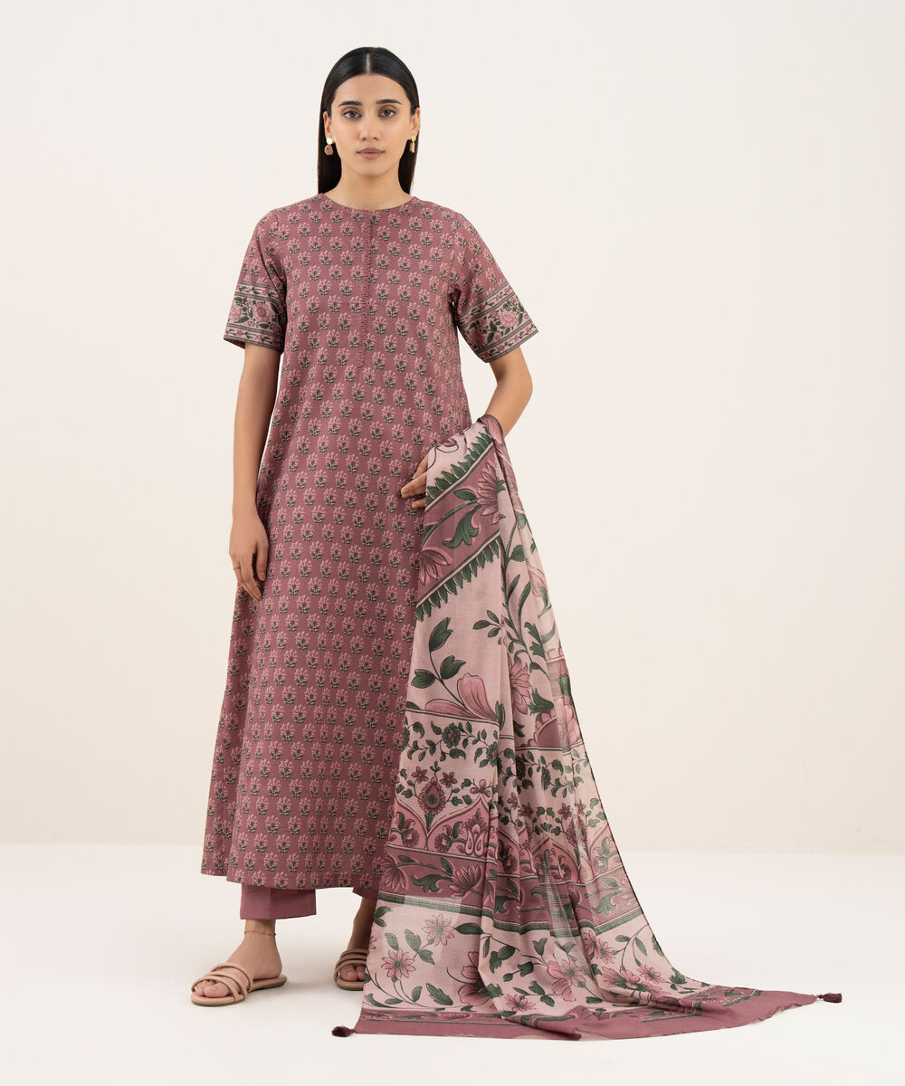 Women's Unstitched Lawn Printed Pink 3 Piece Suit