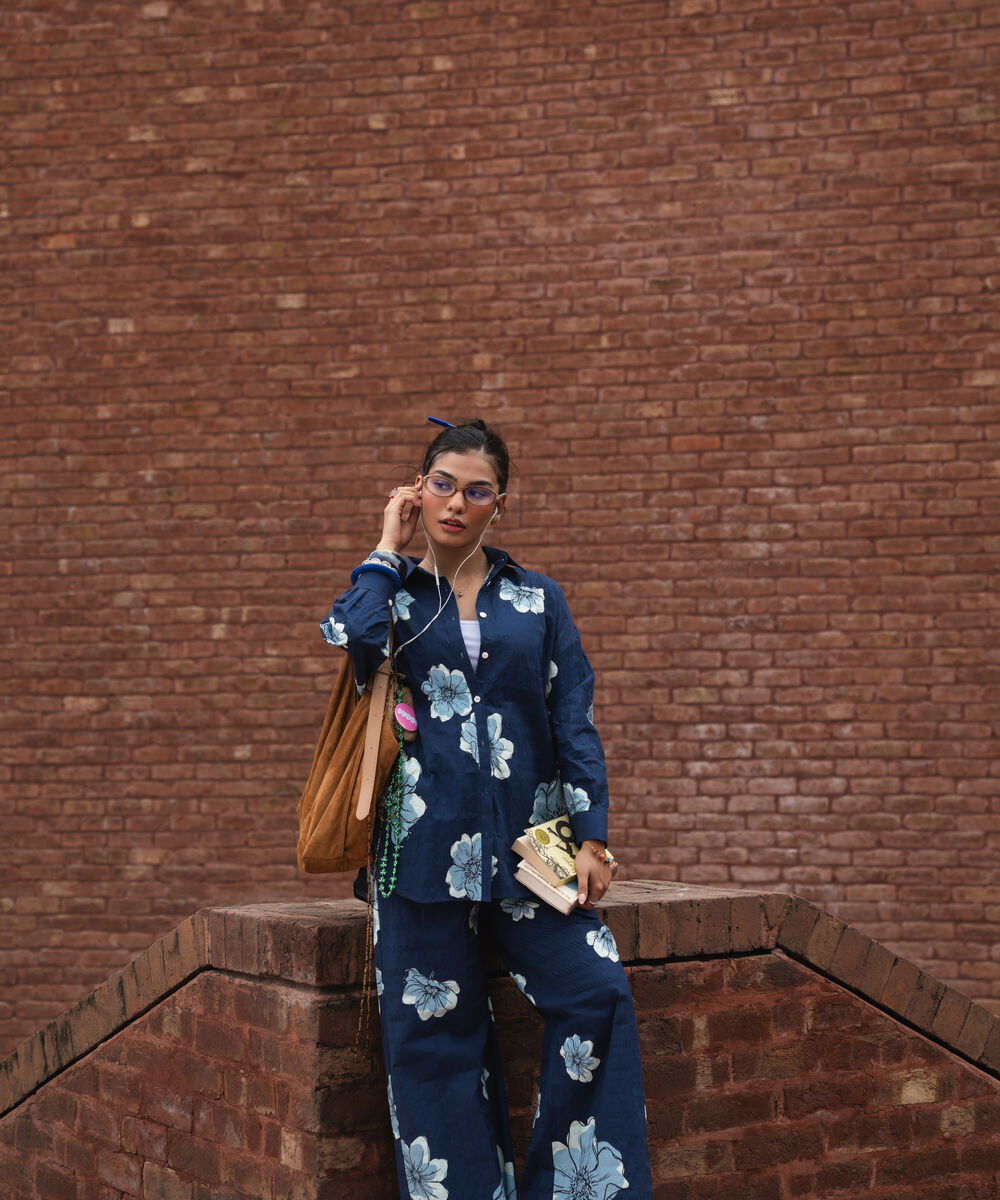 Women's RTW Seersucker Printed Blue 2 Piece Suit