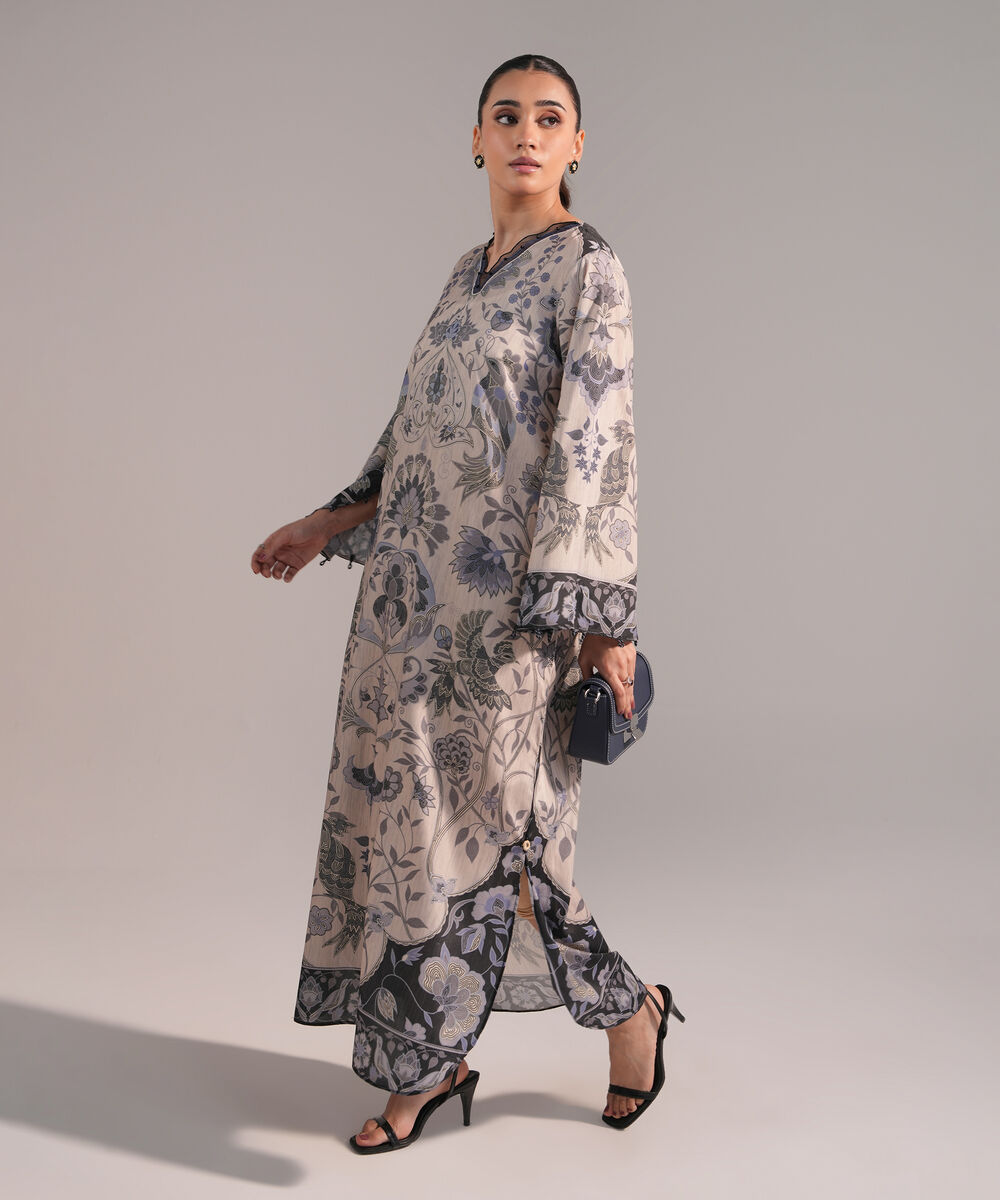 Women's RTW Blended Grip Silk Printed Grey A-Line Shirt