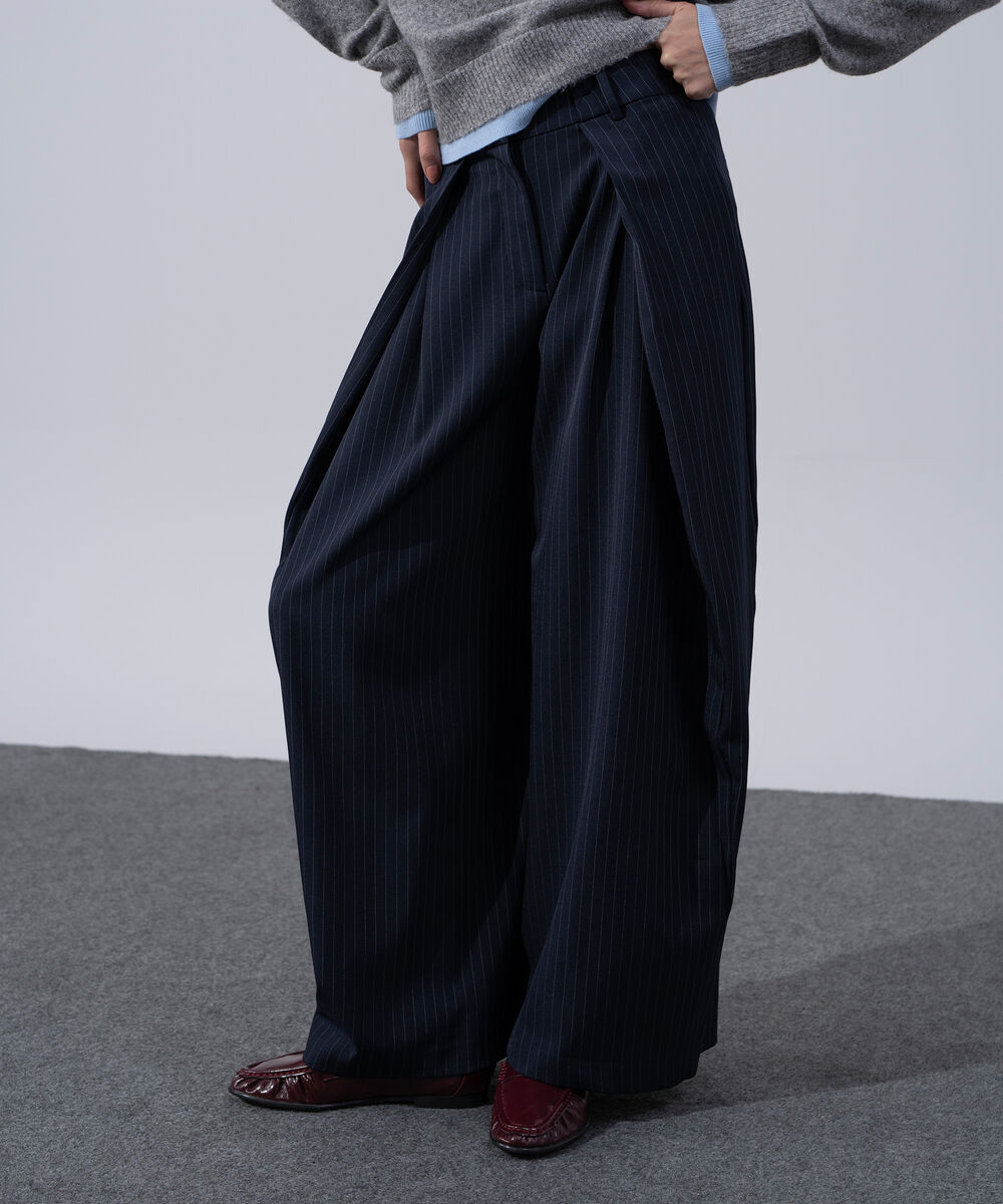 Women's Western Wear Navy Blue Polyester Pleated Wide Leg Trousers