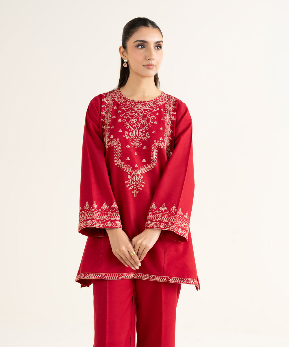 Women's RTW Khaddar Embroidered Red Straight Shirt