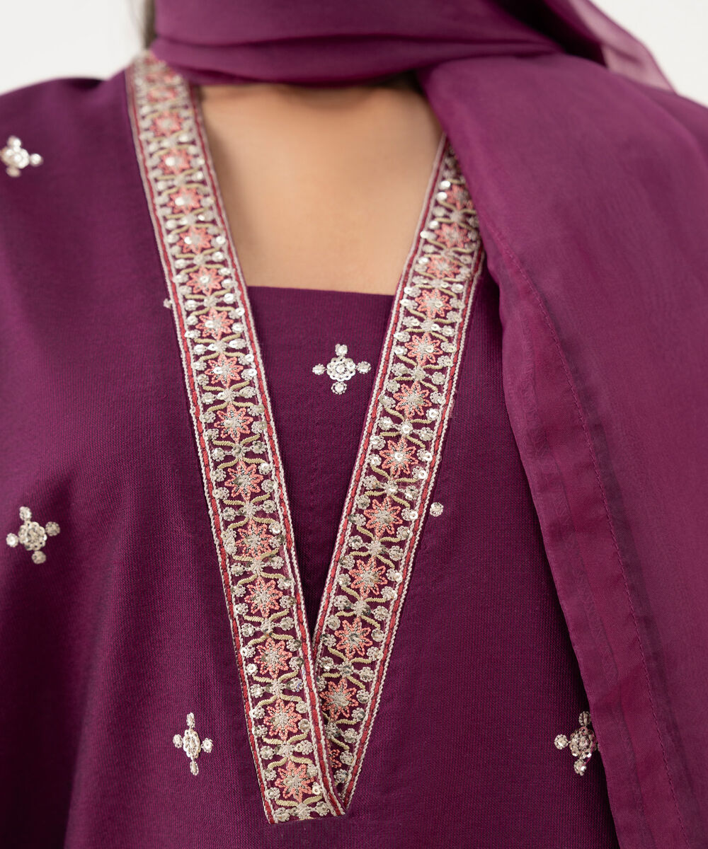 Women's RTW Blended Silk Cotton Net Embroidered Purple Three Piece Suit