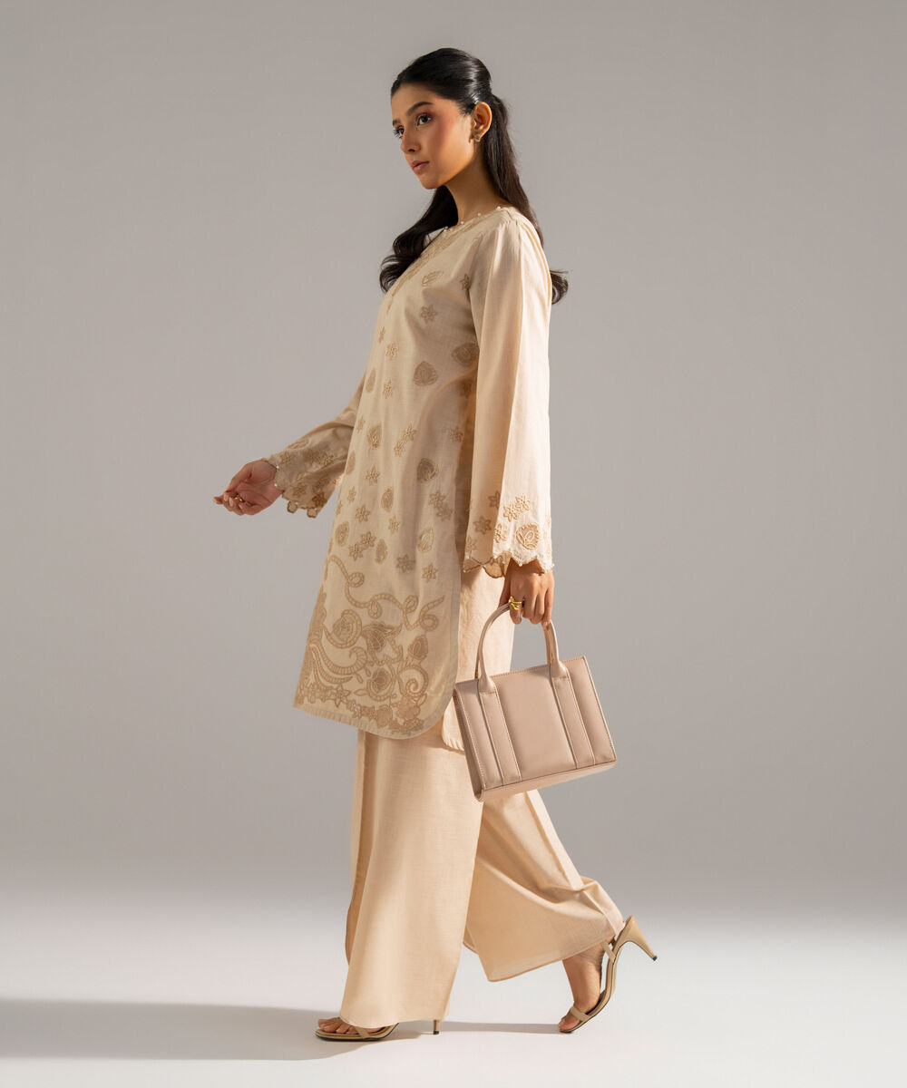 Women's RTW Cross Hatch Solid Embroidered Beige 2 Piece Suit