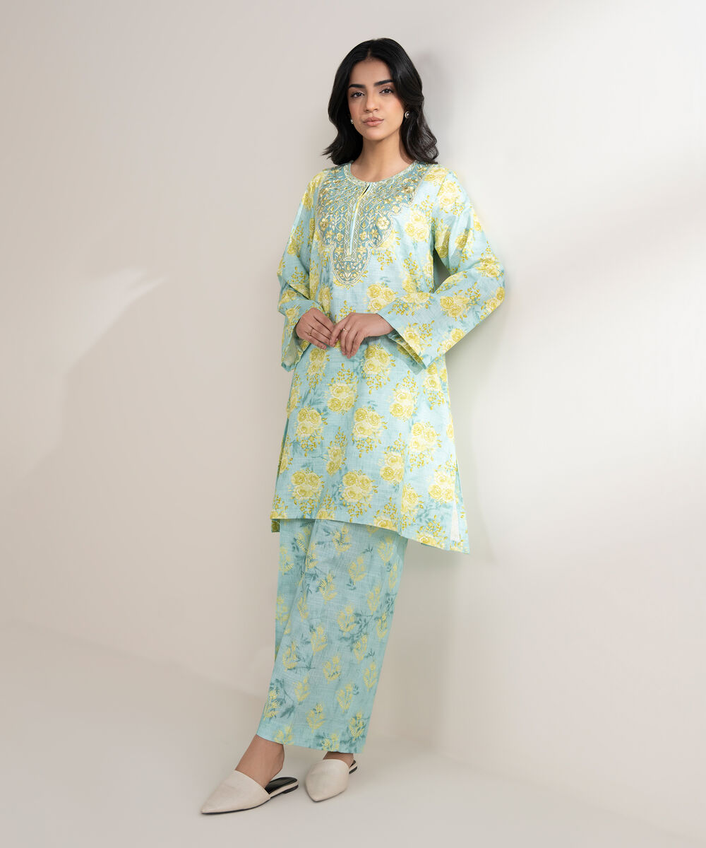 Women's RTW Light Khaddar Embroidered Blue Straight Shirt