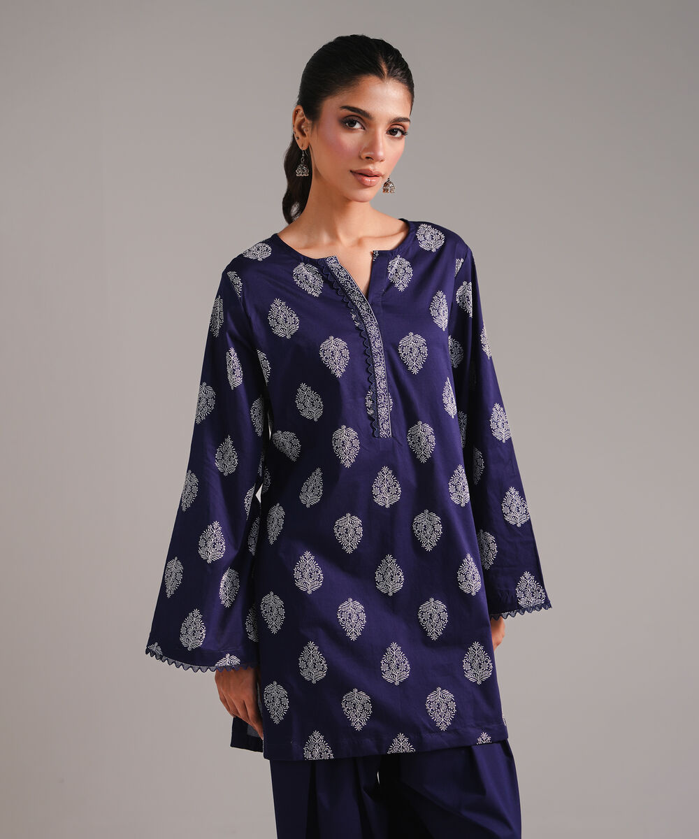 Women's RTW Lawn Printed Dark Blue Straight Shirt