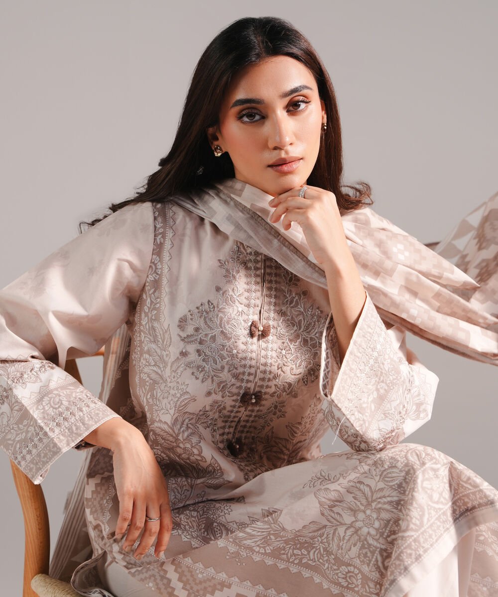 Women's RTW Lawn Printed Dusty Pink 3 Piece Suit