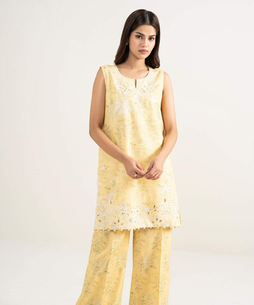 Women's RTW Zari Cotton Embroidered Yellow Straight Shirt