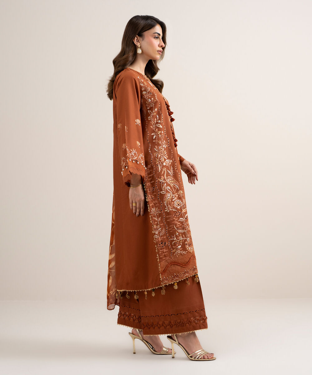 Women's Unstitched Dobby Embroidered Orange 3 Piece Suit