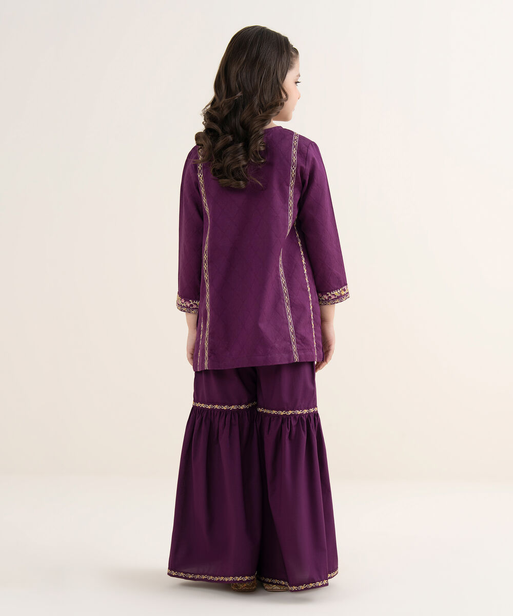 Girl's Self Jacquard Embroidered Purple 2 Piece Suit