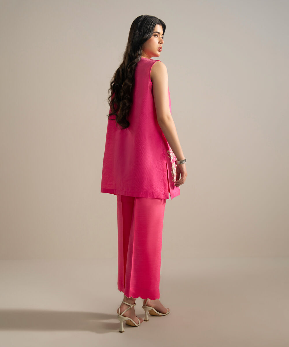 Women's RTW Silk Cotton Net Embroidered Pink 2 Piece Suit