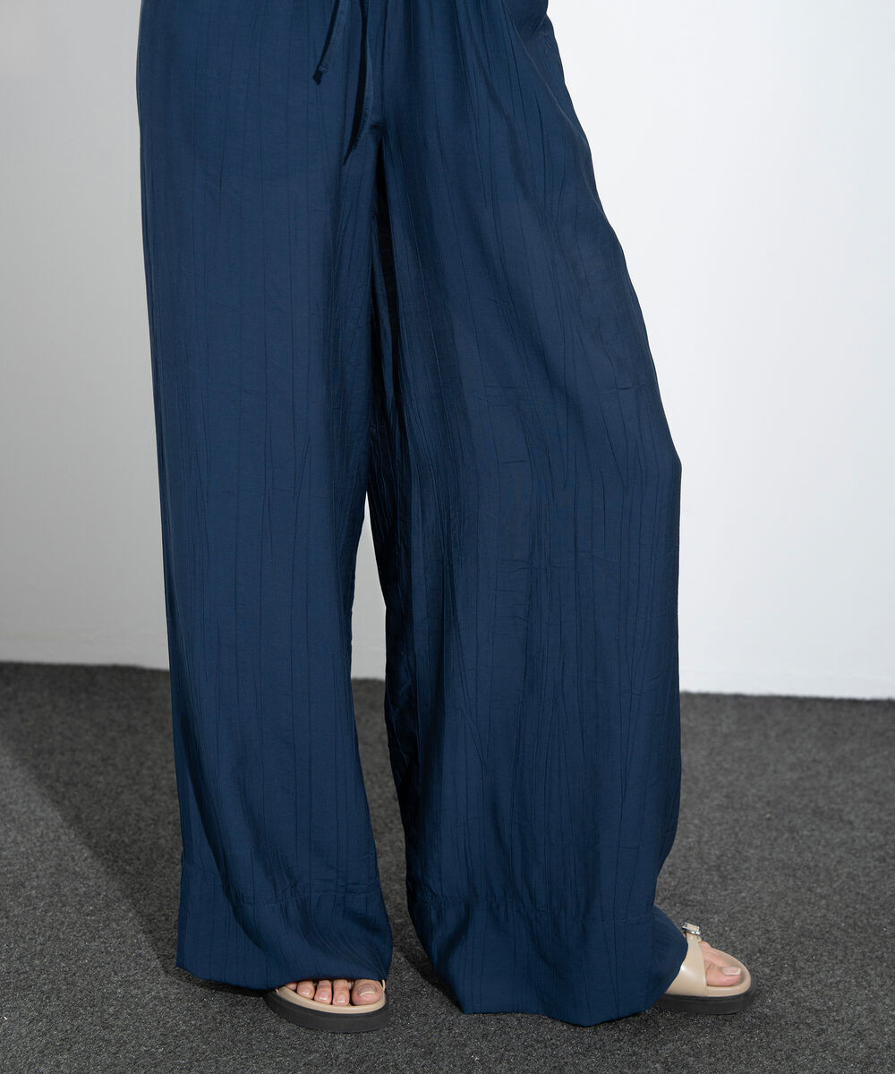 Women's Western Navy Wide-Leg Textured Trousers