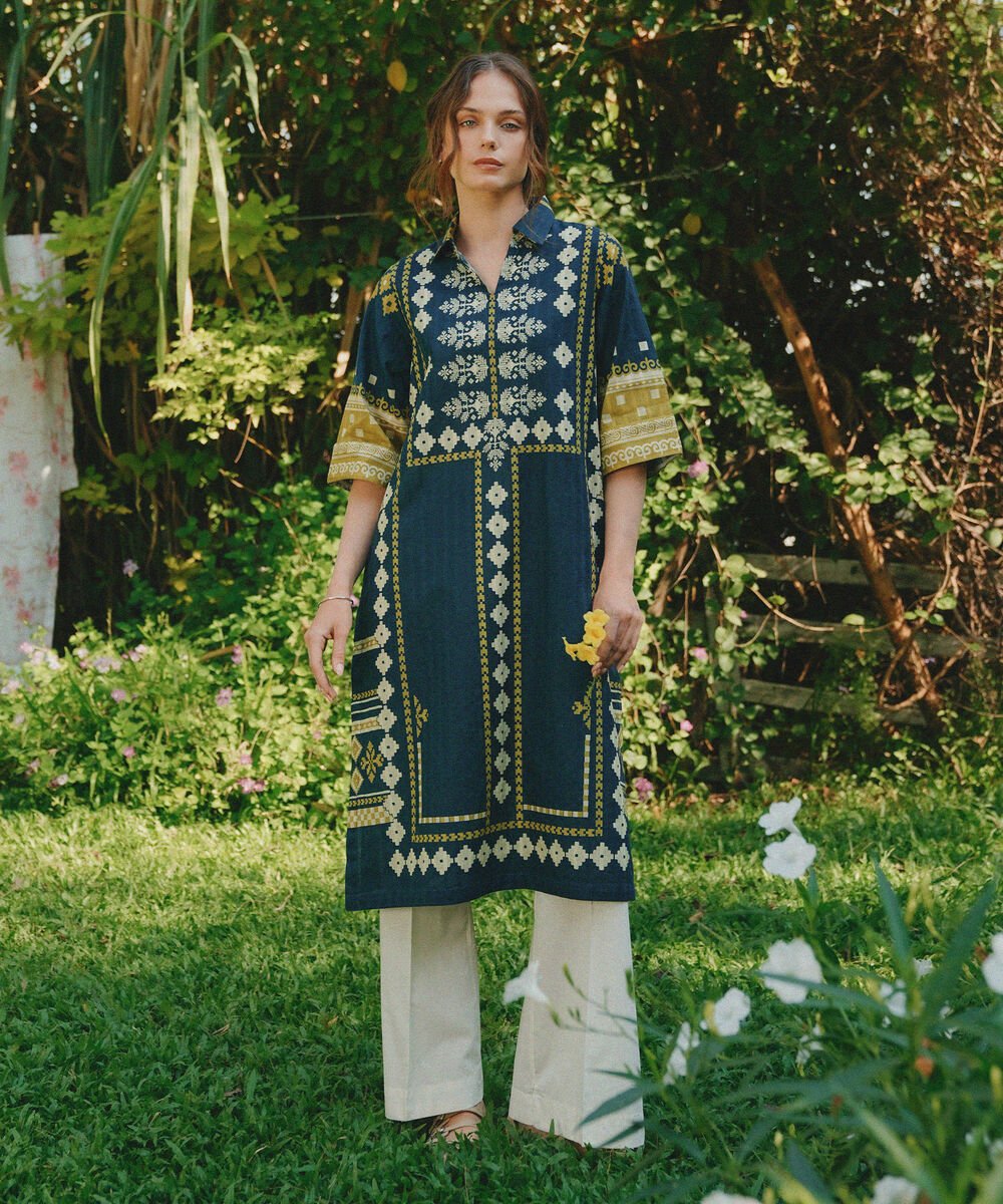 Women's RTW Textured Cotton Printed Blue A-Line Shirt