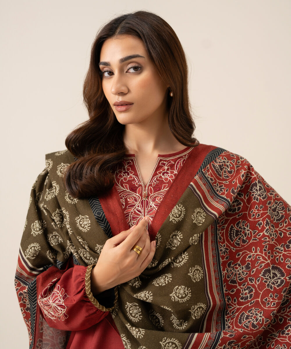 Women's Unstitched Light Khaddar Embroidered Red 3 Piece Suit