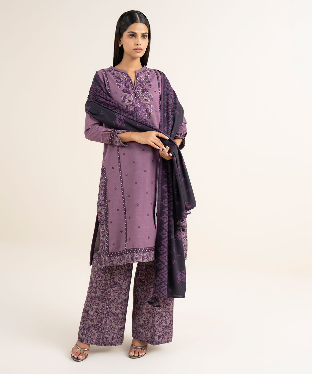 Women's Unstitched Light Khaddar Embroidered Purple 3 Piece Suit