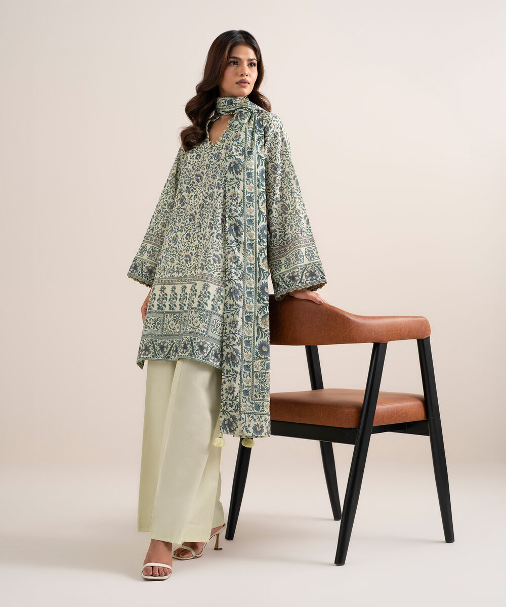Women's Unstitched Lawn Printed Green and Blue 3 Piece Suit