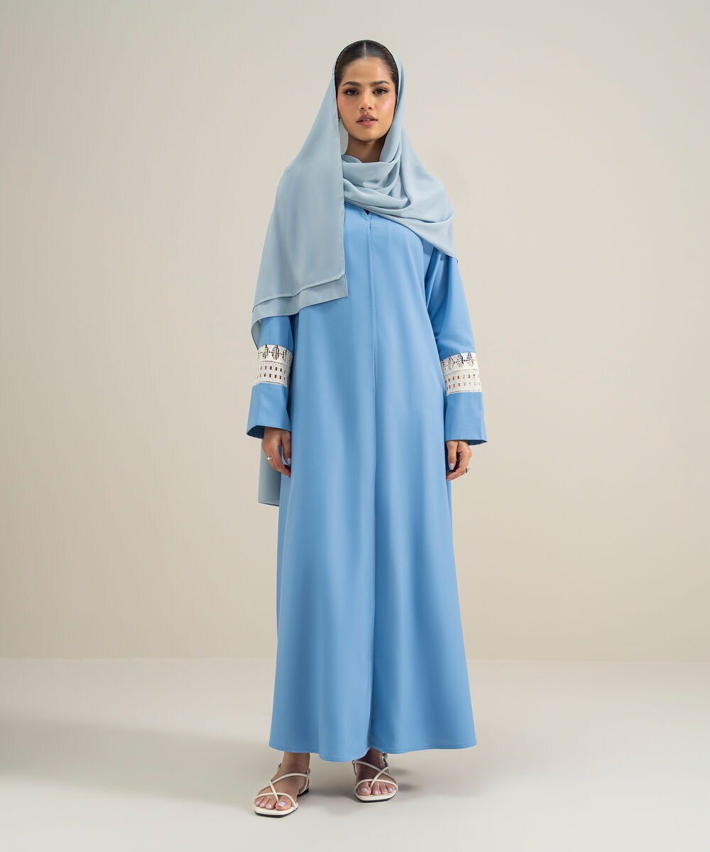 Women's Polyester Blue Lace Trim Abbaya