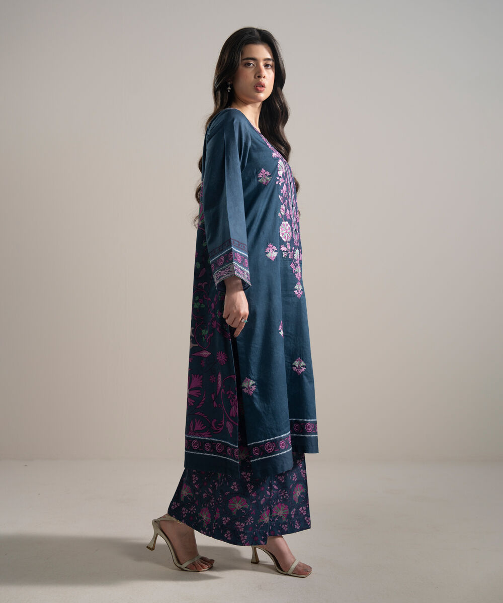 Women's RTW Cotton Satin Embroidered Blue A-Line Shirt