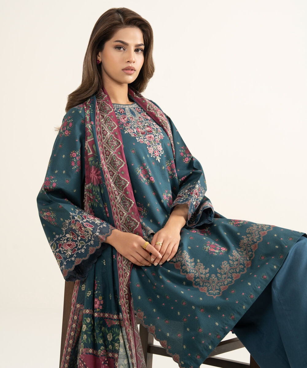 Women's Unstitched Lawn Embroidered Blue 3 Piece Suit
