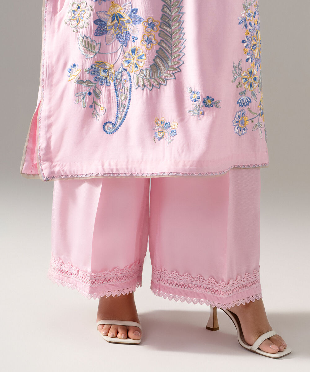 Women's RTW Raw Silk Solid Embroidered Pink 3 Piece Suit