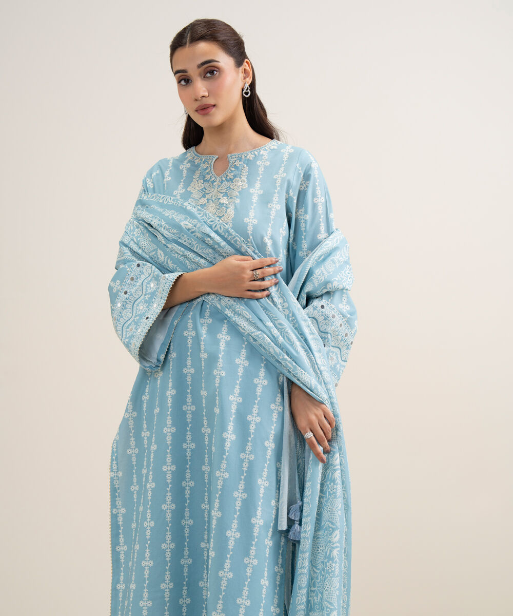 Women's Unstitched Lawn Embroidered Ice Blue 3 Piece Suit