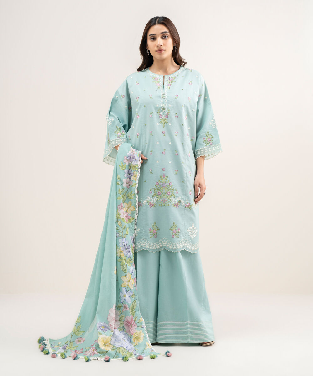Women's Unstitched Textured Lawn Embroidered Blue 3 Piece Suit
