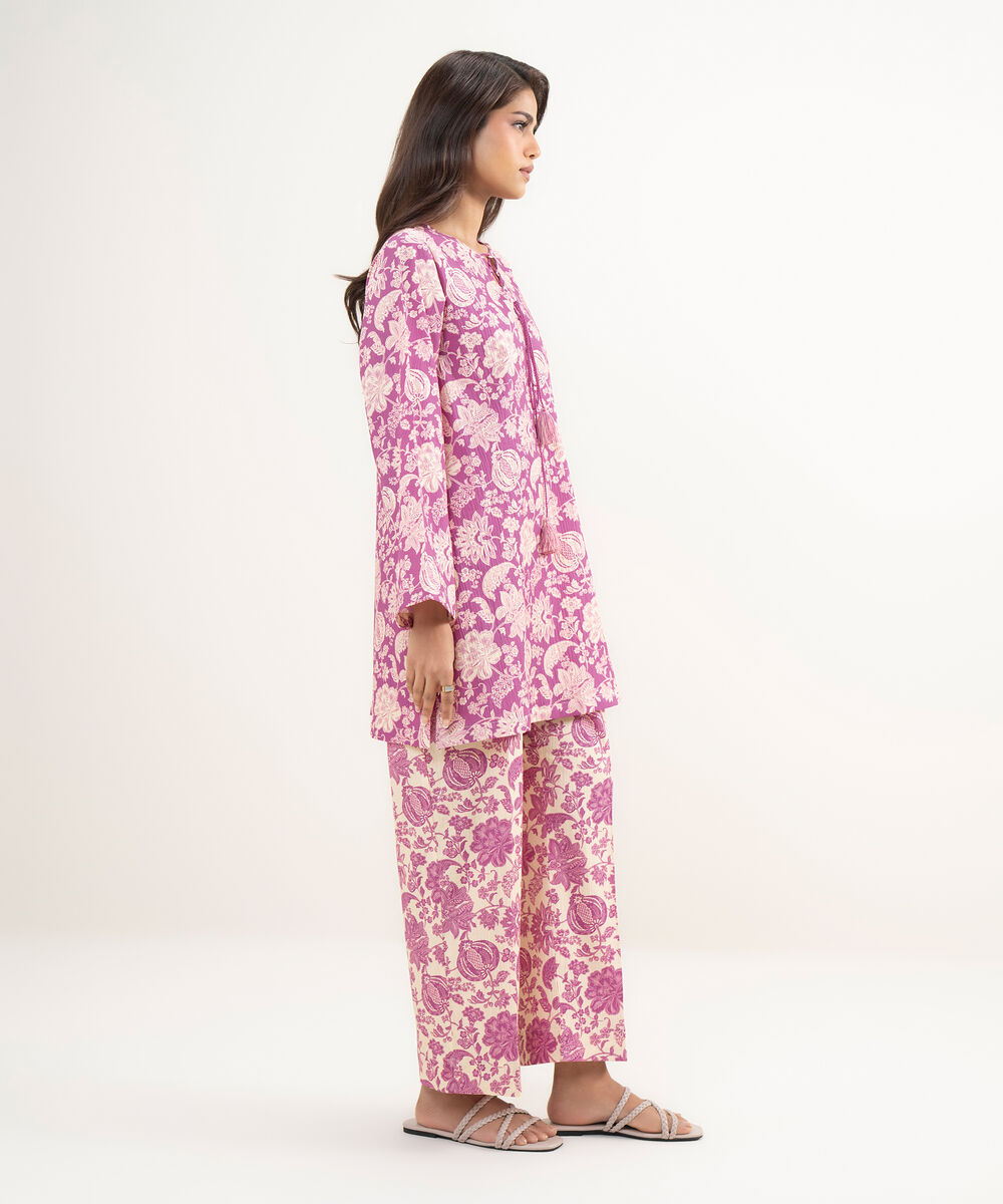 Women's RTW Seersucker Printed Purple Straight Shirt