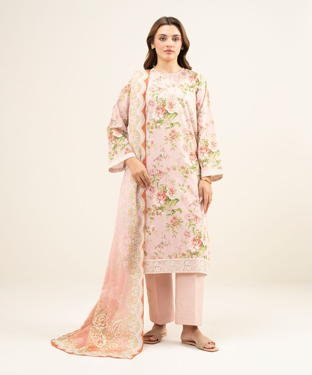 Women's Unstitched Lawn Embroidered Tea Pink 2 Piece Suit