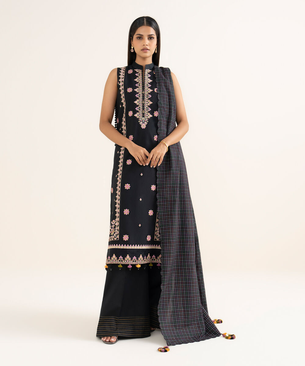 Women's Unstitched Embroidered Cotton Black 3 Piece Suit
