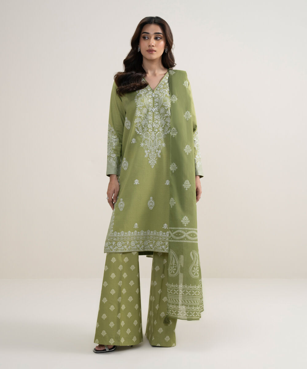 Women's Unstitched Dobby Embroidered Green 3 Piece Suit