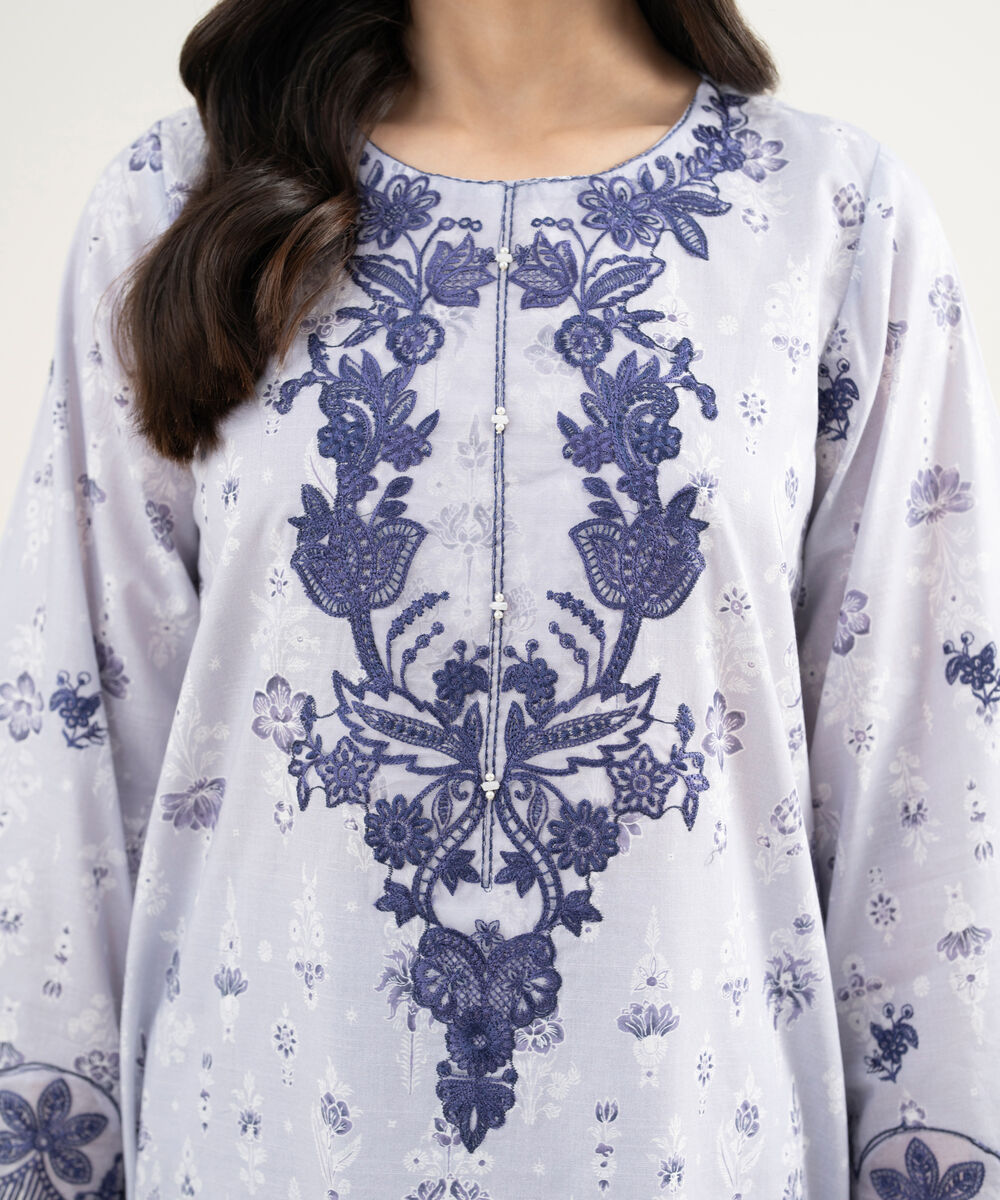 Women's RTW Slub Lawn Embroidered Light Purple A-Line Shirt