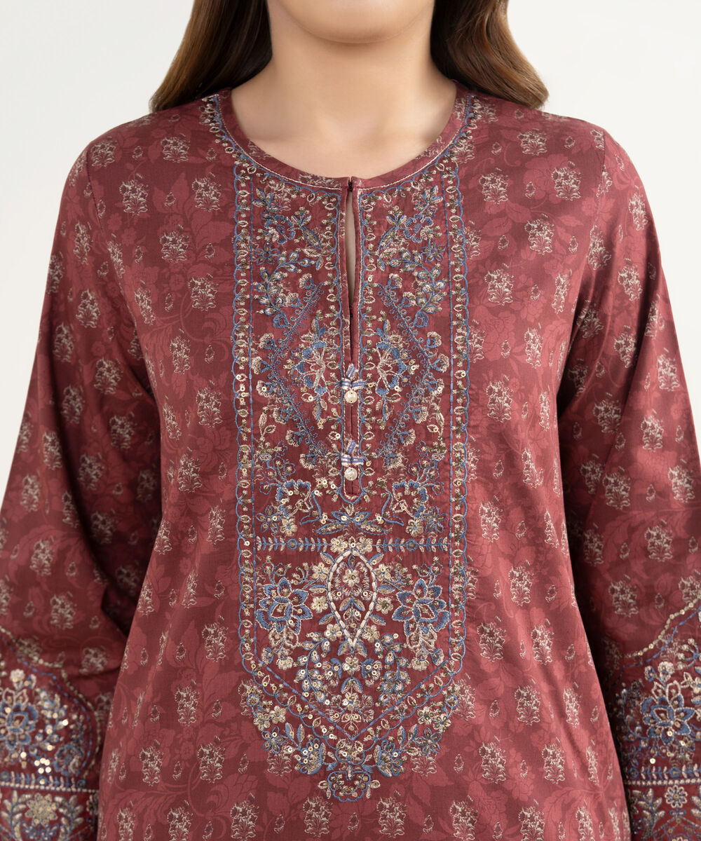 Women's Unstitched Lawn Embroidered Red 3 Piece Suit