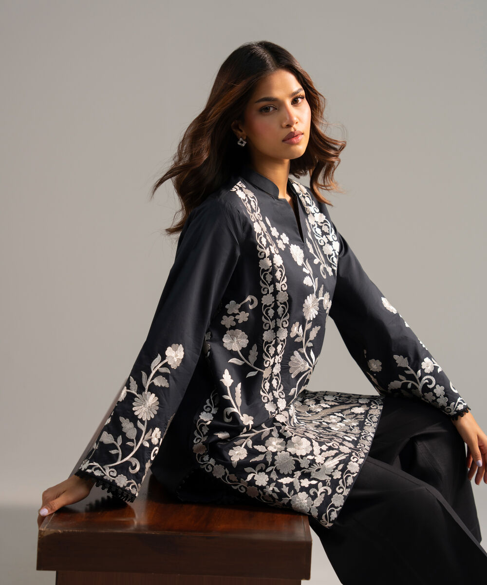 Women's RTW Poplin Embroidered Black Straight Shirt