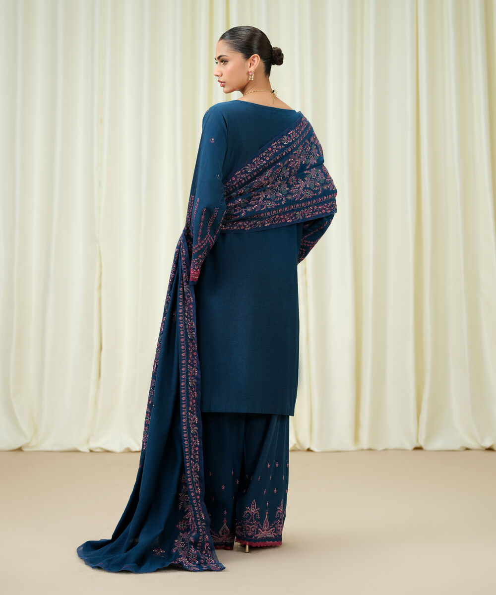 Women's Unstitched Viscose Karandi Embroidered Blue 3 Piece Suit