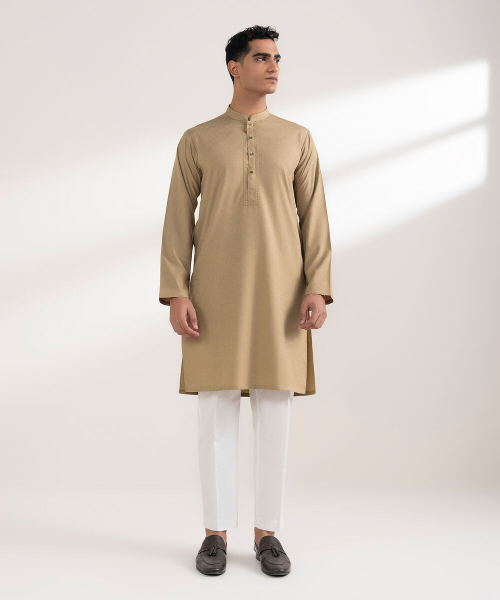 Men's Stitched Jacquard Khaki Kurta