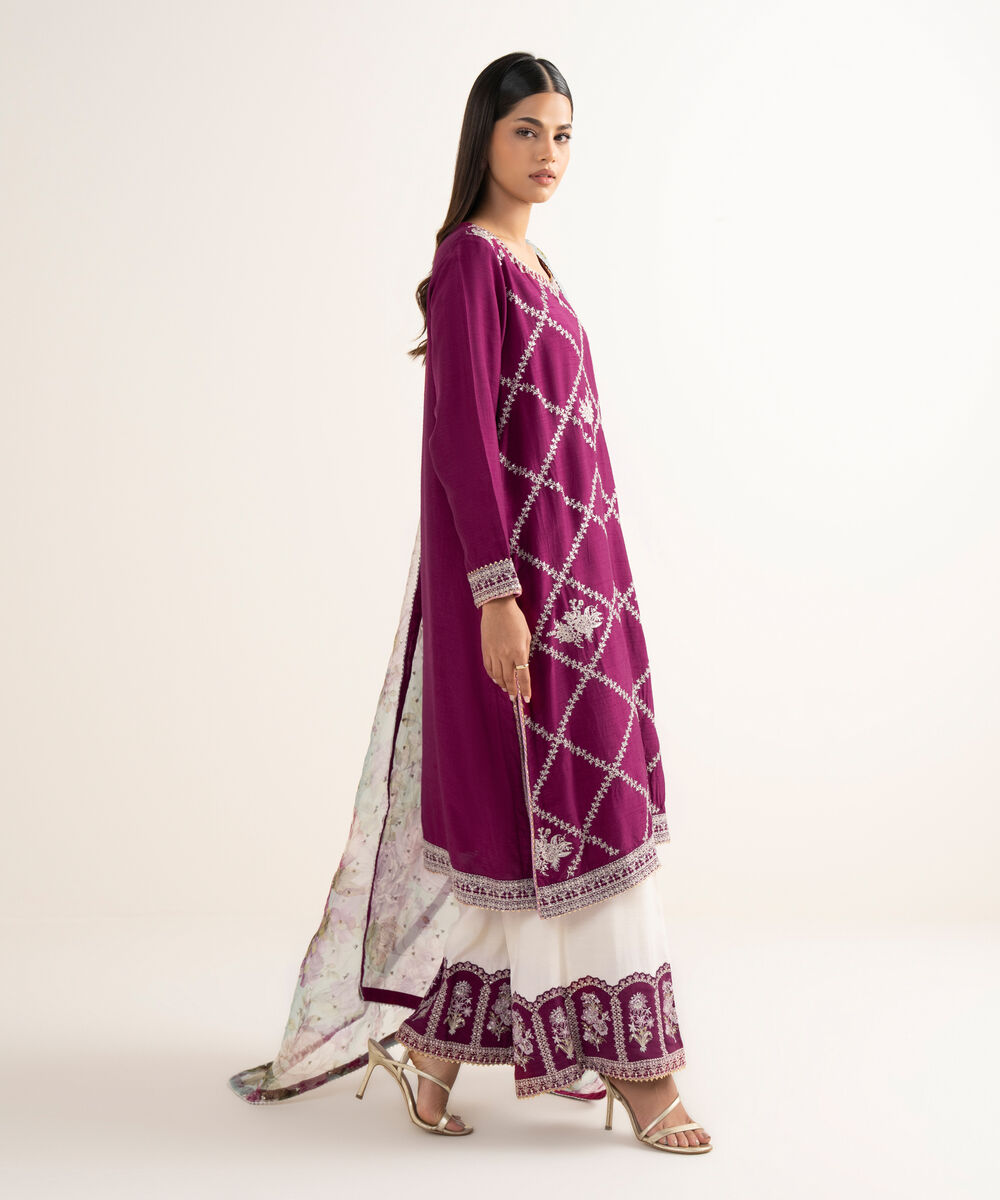 Women's RTW Raw Silk Purple Embroidered 3 Piece Suit