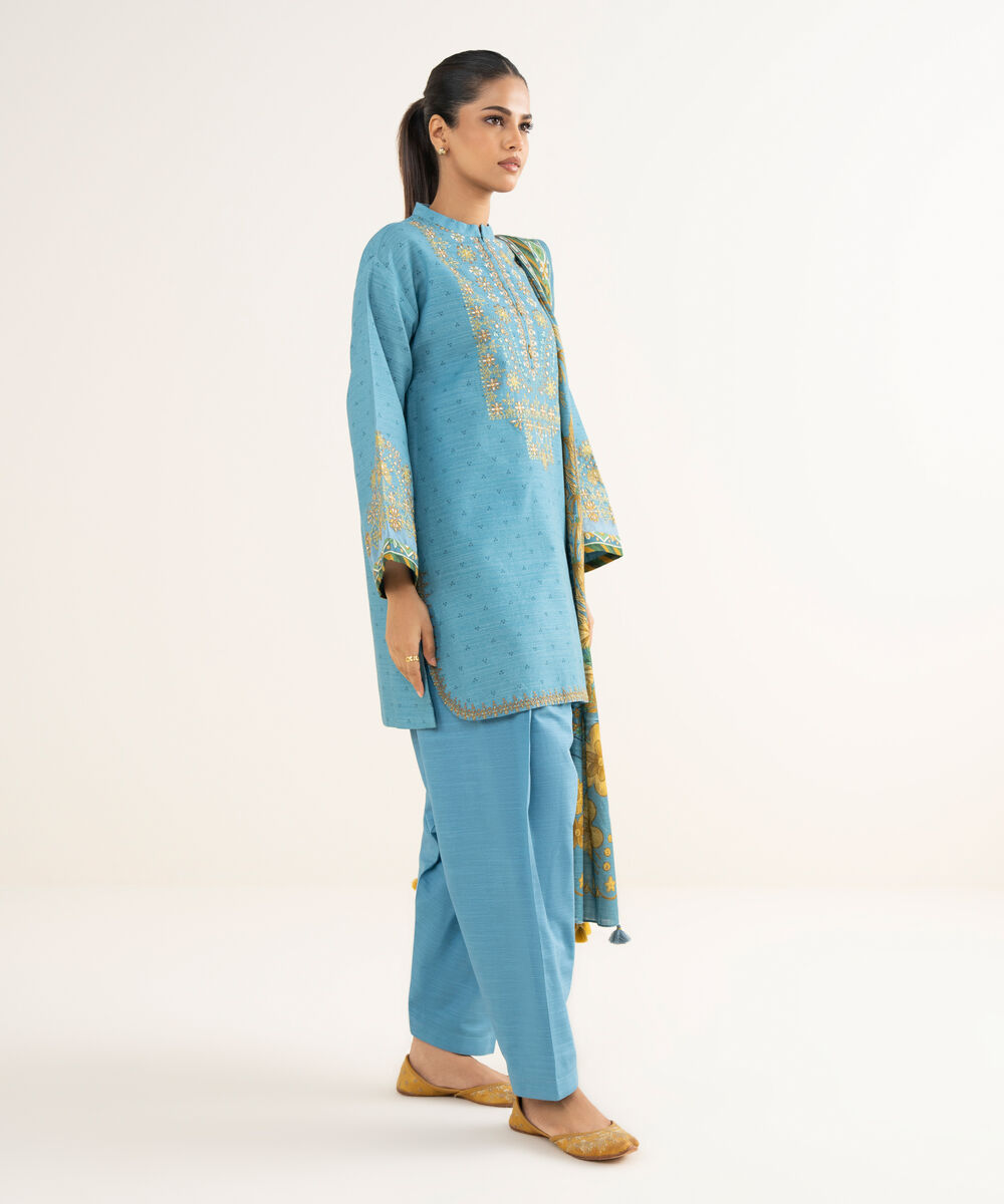 Women's Unstitched Light Khaddar Embroidered Blue 3 Piece Suit