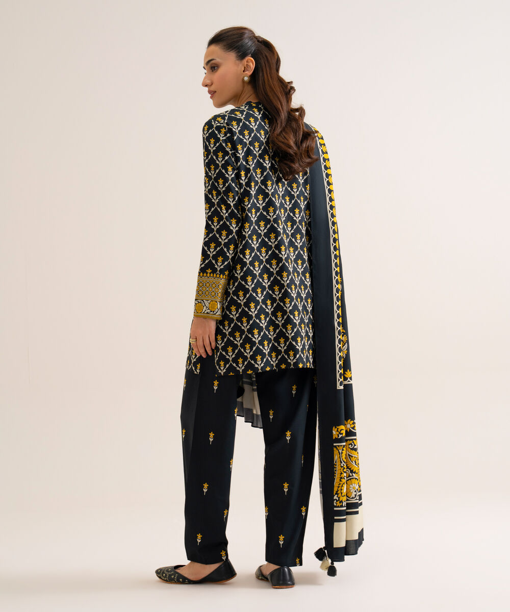 Women's Unstitched Viscose Linen Printed Black 3 Piece Suit