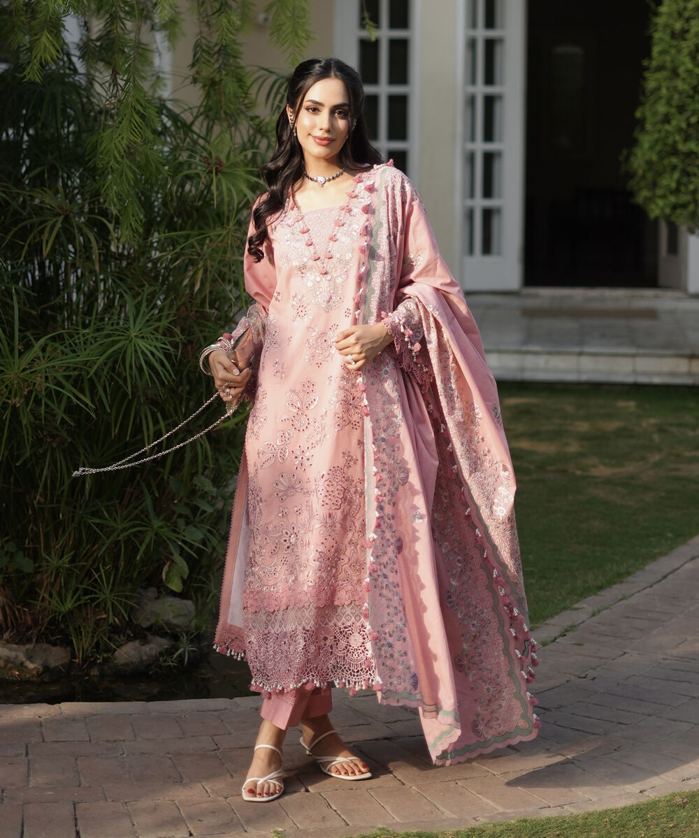 Women's Unstitched Lawn Embroidered Pink 3 Piece Suit