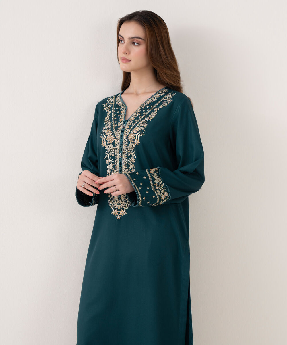 Women's RTW Cotton Viscose Embroidered Straight Green Shirt