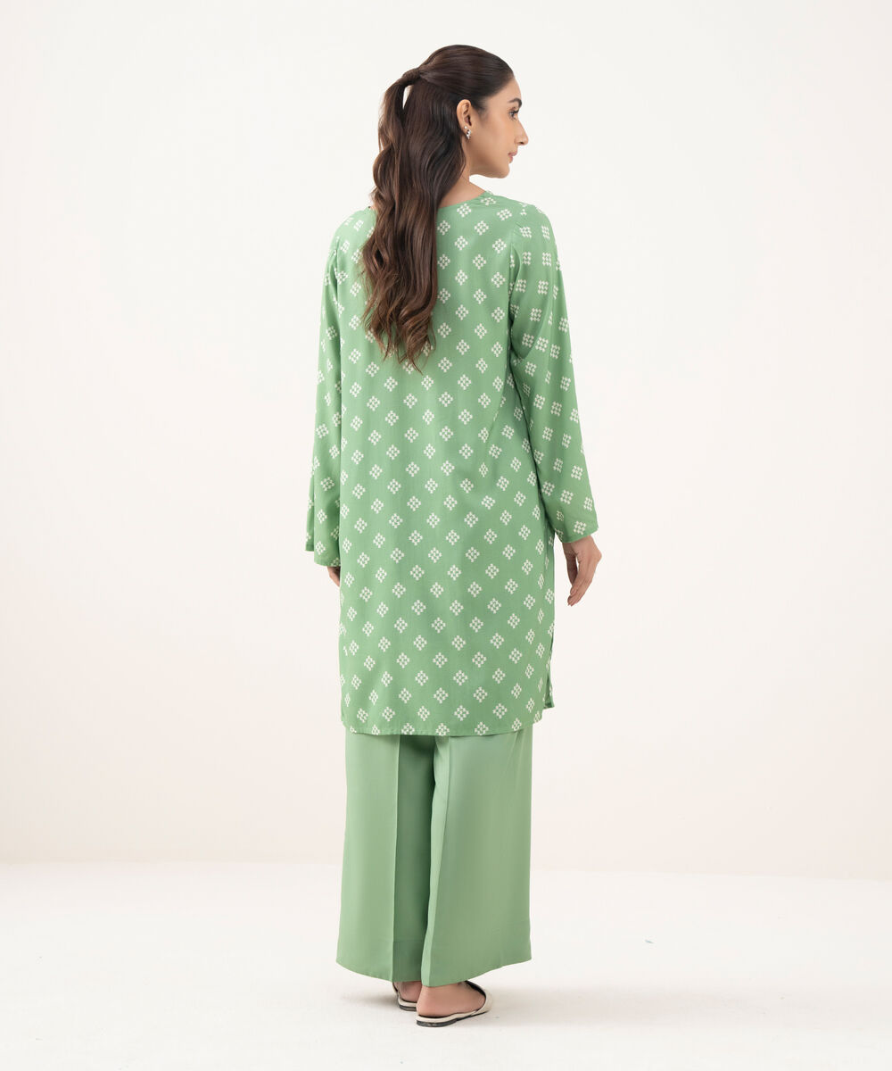 Women's RTW Linen Viscose Printed Green Straight Shirt