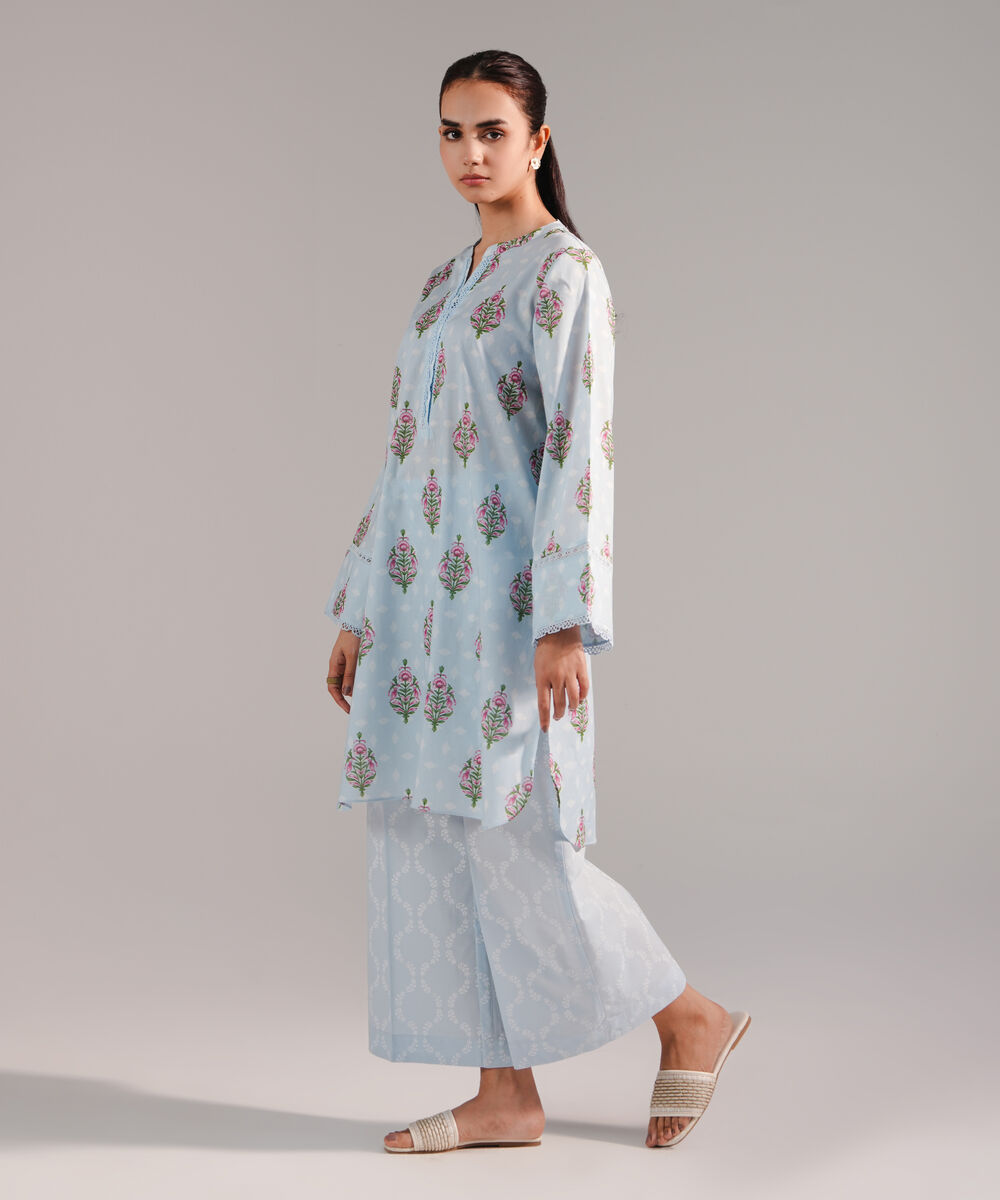 Women's RTW Lawn Printed Ice Blue Straight Shirt