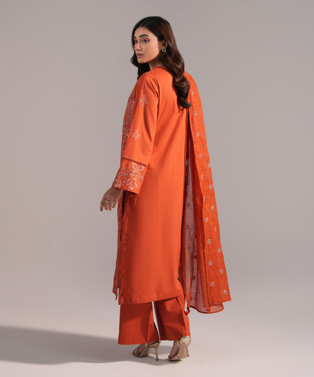 Women's RTW Cambric Embroidered Orange  3 Piece Suit