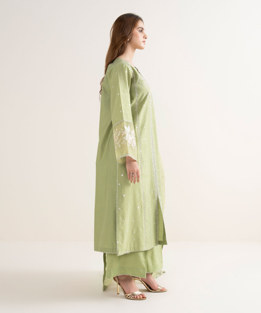 Women's RTW Blended Silk Cotton Net Embroidered Green Three Piece Suit